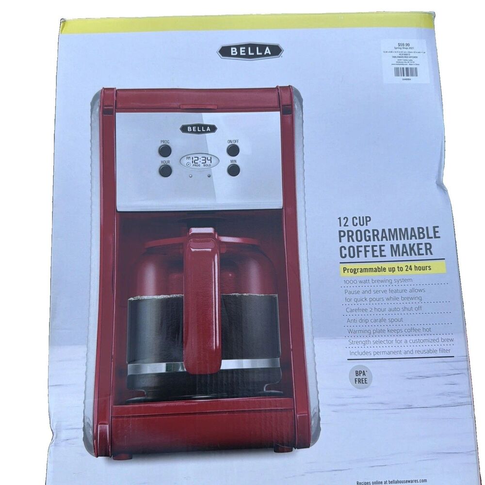 Bella 12 Cup Programmable Coffee Maker Red New in Box Reusable Filter
